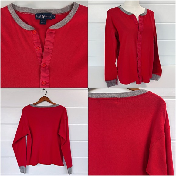 RARE 80s 90s Vtg Ralph Lauren Long Sleeve Red Cotton Shirt M Sporty Retro Preppy - Picture 4 of 8